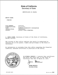 Example of a California (CA) Good Standing Certificate