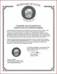Example of a Nevada Good Standing Certificate