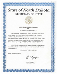 Example of a North Dakota Good Standing Certificate