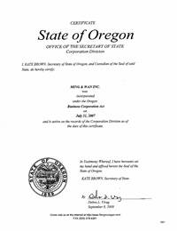 Example of an Oregon Good Standing Certificate