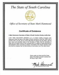 Example of a South Carolina Good Standing Certificate