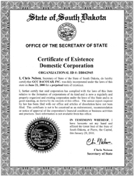 Example of a South Dakota Good Standing Certificate