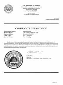 Example of a Utah Good Standing Certificate