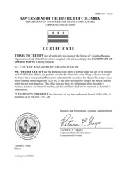 Example of a District of Columbia Good Standing Certificate