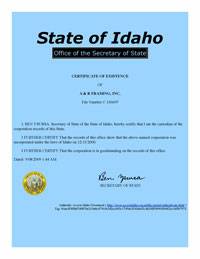 Example of an Idaho Good Standing Certificate