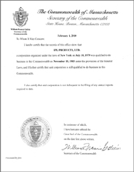 Example of a Massachusetts Good Standing Certificate
