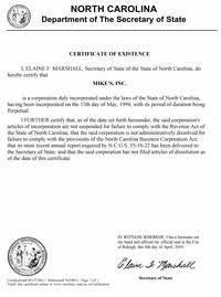 Example of a North Carolina (NC) Good Standing Certificate