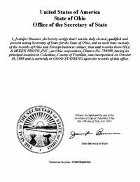 Example of an Ohio Good Standing Certificate