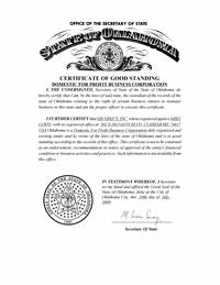 Example of an Oklahoma Good Standing Certificate