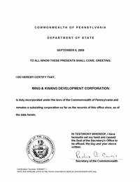Example of a Pennsylvania Good Standing Certificate