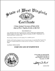 Example of a West Virginia Good Standing Certificate